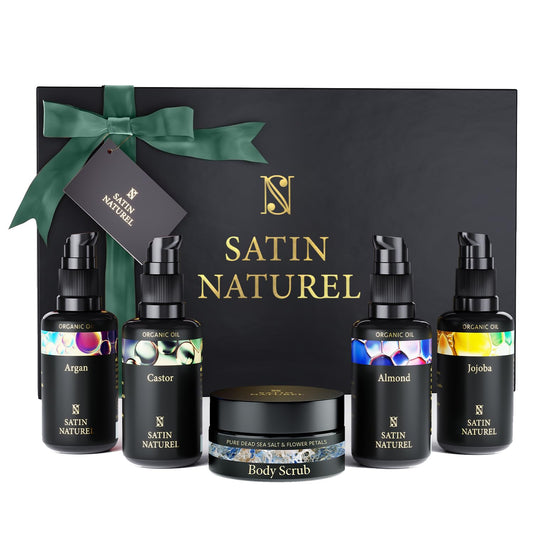 Satin Naturel Luxuriöse Geschenkset mit Bio Arganöl, Rizinusöl, Mandelöl, Jojobaöl & Body Scrub aus Totes Meer Salz – Luxus-Geschenkbox Naturkosmetik – Premium Geschenk für Frauen