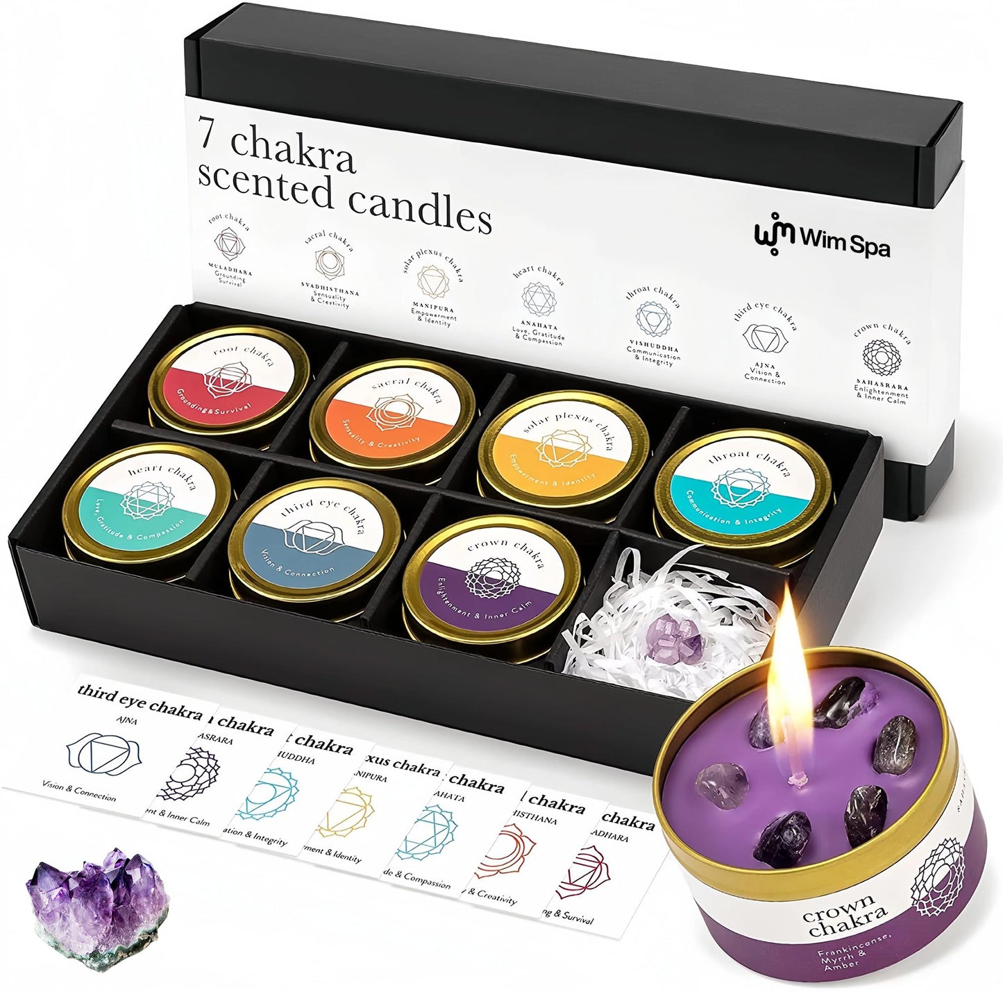 Wim Spa 7 Chakra Duftkerzen Set – Handgegossen aus Sojawachs & 10% ätherischen Ölen – Mit Amethyst-Druse & Kristallen – Geschenkset für Meditation, Yoga & Achtsamkeit [Das Original]