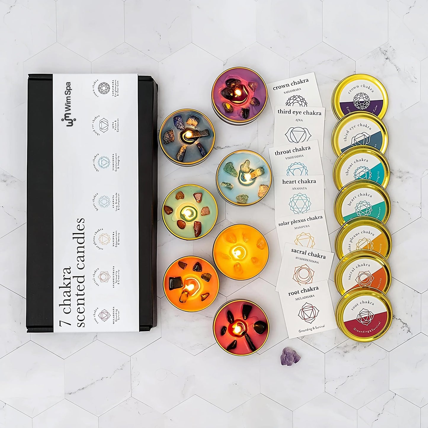 Wim Spa 7 Chakra Duftkerzen Set – Handgegossen aus Sojawachs & 10% ätherischen Ölen – Mit Amethyst-Druse & Kristallen – Geschenkset für Meditation, Yoga & Achtsamkeit [Das Original]