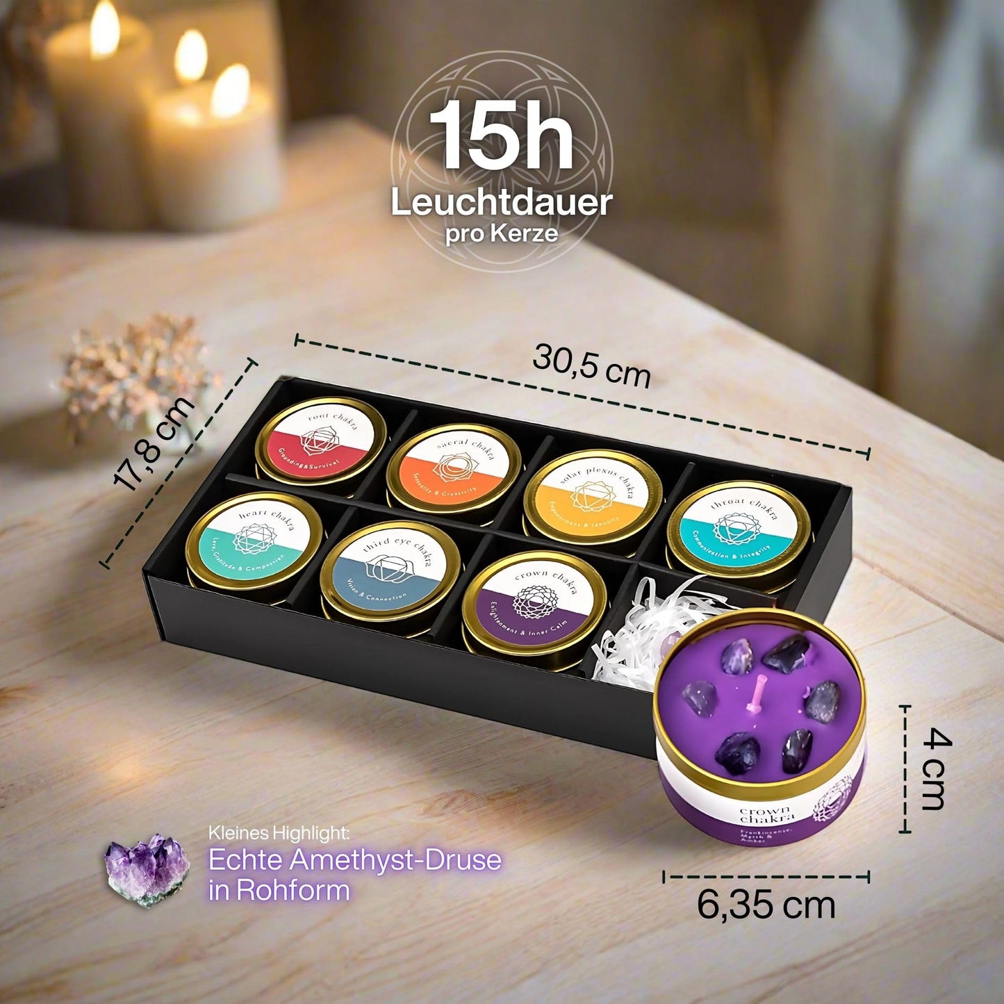 Wim Spa 7 Chakra Duftkerzen Set – Handgegossen aus Sojawachs & 10% ätherischen Ölen – Mit Amethyst-Druse & Kristallen – Geschenkset für Meditation, Yoga & Achtsamkeit [Das Original]
